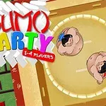 Doi luptători sumo desenați într-un ring, priviți de sus, cu text colorat în stânga imaginii