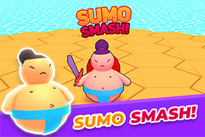 Două personaje de tip sumo într-un mediu de joc stilizat, cu fonturi colorate și fundal geometric colorat