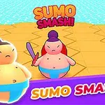 Două personaje de tip sumo într-un mediu de joc stilizat, cu fonturi colorate și fundal geometric colorat
