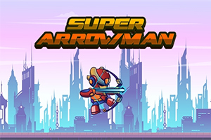 Un personaj robotic cu arc și săgeată se află în fața unui oraș futurist cu zgârie-nori și cer roz, având titlul Super Arrowman deasupra