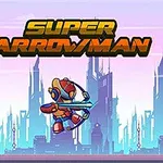Un personaj robotic cu arc și săgeată se află în fața unui oraș futurist cu zgârie-nori și cer roz, având titlul Super Arrowman deasupra