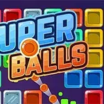 Text colorat SUPER BALLS pe un fundal cu blocuri colorate și design de joc