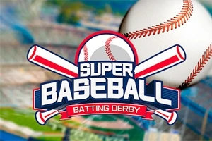 O minge de baseball în prim-plan și două bâte încrucișate, pe un fundal colorat cu textul „Super Baseball Batting Derby”