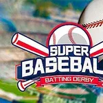 O minge de baseball în prim-plan și două bâte încrucișate, pe un fundal colorat cu textul „Super Baseball Batting Derby”