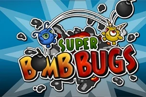 Două personaje colorate aruncă bombe în jurul textului Super Bomb Bugs pe un fundal cu efect de explozie albastră