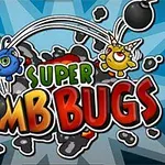 Două personaje colorate aruncă bombe în jurul textului Super Bomb Bugs pe un fundal cu efect de explozie albastră