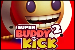 Un personaj cu un zâmbet larg și ochi mari pe un fundal roșu, alături de textul Super Buddy Kick 2