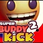 Un personaj cu un zâmbet larg și ochi mari pe un fundal roșu, alături de textul Super Buddy Kick 2