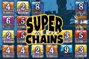 O imagine cu blocuri numerotate colorate pe un fundal albastru închis, cu textul Super Chains suprapus în centru