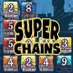 O imagine cu blocuri numerotate colorate pe un fundal albastru închis, cu textul Super Chains suprapus în centru