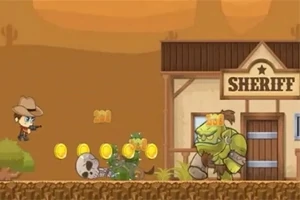 Cowboy animat trage cu pistolul spre un monstru verde în fața unui birou de șerif, cu monede și un craniu pe jos