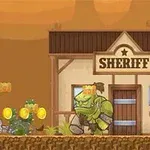 Cowboy animat trage cu pistolul spre un monstru verde în fața unui birou de șerif, cu monede și un craniu pe jos