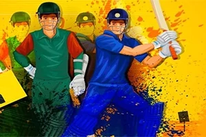 Jucători de cricket îmbrăcați în echipamente verzi și albastre, cu un fundal vibrant galben și stropi de culoare