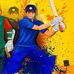 Jucători de cricket îmbrăcați în echipamente verzi și albastre, cu un fundal vibrant galben și stropi de culoare