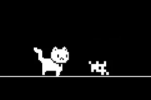 Un pisoi alb pixelat stă pe un fundal negru lângă o creatură mică și nedefinită