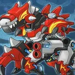 Dinozaur robotic cu armură roșie și detalii tehnologice futuriste