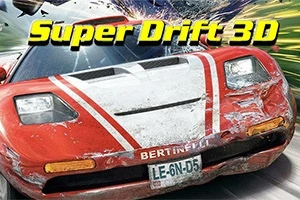 Super Drift 3D Mașină roșie cu detalii albe, avariată, în mișcare rapidă, cu text “Super Drift 3D” deasupra