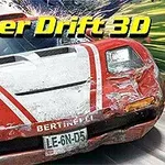 Super Drift 3D Mașină roșie cu detalii albe, avariată, în mișcare rapidă, cu text “Super Drift 3D” deasupra