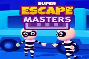 Două personaje de desene animate îmbrăcate în costume vărgate de deținuți și cu măști la ochi, în fața unei dube albastre, cu textul Super Escape Masters deasupra
