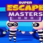 Două personaje de desene animate îmbrăcate în costume vărgate de deținuți și cu măști la ochi, în fața unei dube albastre, cu textul Super Escape Masters deasupra