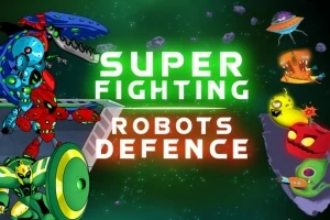 Roboți colorați și nave spațiale extratereștri în spațiu cu text SUPER FIGHTING ROBOTS DEFENCE luminat