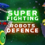 Roboți colorați și nave spațiale extratereștri în spațiu cu text SUPER FIGHTING ROBOTS DEFENCE luminat