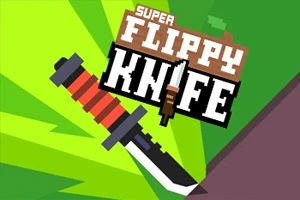 Un cuțit cu mâner roșu-negru și o lamă argintie este amplasat pe un fundal verde, alături de textul Super Flippy Knife