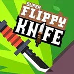 Un cuțit cu mâner roșu-negru și o lamă argintie este amplasat pe un fundal verde, alături de textul Super Flippy Knife
