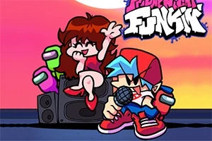 Personaje animate stau pe un difuzor, unul ținând un microfon, pe un fundal colorat, la apus