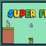 Text colorat SUPER FROG pe un fundal verde cu ilustrații de animale, inclusiv o broască, un iepure roz și o pasăre albastră