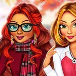 Două personaje animate cu părul lung, îmbrăcate în haine de toamnă, una cu ochelari și șal, cealaltă cu un colier negru