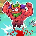 Un personaj animat, musculos și roșu, cu cornițe și barbă verde, sare pe un fundal albastru alături de un pește zburător