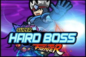 Un personaj animat în armură albastră cu cască își întinde brațul spre un glob luminos, pe un fundal mov, cu logo-ul Super Hard Boss Fighter în prim-plan
