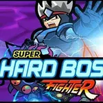 Un personaj animat în armură albastră cu cască își întinde brațul spre un glob luminos, pe un fundal mov, cu logo-ul Super Hard Boss Fighter în prim-plan