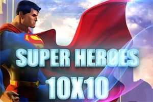 Un erou cu o pelerină roșie stă lângă textul SUPER HEROES 10X10 pe fundalul unui cer albastru