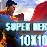 Un erou cu o pelerină roșie stă lângă textul SUPER HEROES 10X10 pe fundalul unui cer albastru
