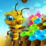 Albină animată lângă un panou hexagonal colorat pe fundal cer albastru