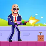 Personaj animat chel cu ochelari de soare și costum trage cu o armă colorată, lângă o cutie de TNT, pe un fundal de cer albastru
