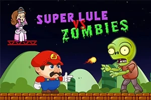 Personaj de desene animate îmbrăcat în roșu confruntându-se cu un zombie pe un fundal de noapte, cu o prințesă în colțul stâng sus și titlul Super Lule vs Zombies