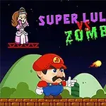 Personaj de desene animate îmbrăcat în roșu confruntându-se cu un zombie pe un fundal de noapte, cu o prințesă în colțul stâng sus și titlul Super Lule vs Zombies