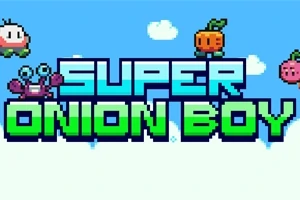 Text stilizat „SUPER ONION BOY” pe un fundal albastru cu nori și personaje pixelate colorate