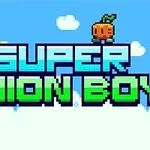 Text stilizat „SUPER ONION BOY” pe un fundal albastru cu nori și personaje pixelate colorate