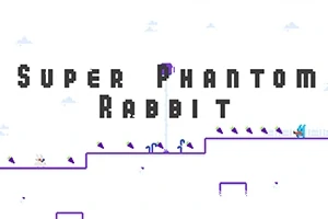Text „Super Phantom Rabbit” pe un fond alb cu grafică minimalistă în stil pixelat, reprezentând o platformă și câțiva iepuri stilizați
