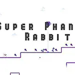 Text „Super Phantom Rabbit” pe un fond alb cu grafică minimalistă în stil pixelat, reprezentând o platformă și câțiva iepuri stilizați