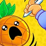 Ananas desenat cu o expresie surprinsă, ținut în mână, pe fundal galben