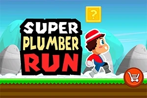 Personaj animat alergând pe un teren verde, cu un bloc galben cu semnul întrebării deasupra și text mare Super Plumber Run
