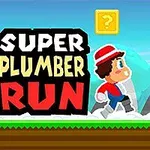 Personaj animat alergând pe un teren verde, cu un bloc galben cu semnul întrebării deasupra și text mare Super Plumber Run