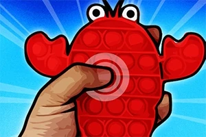 O jucărie roșie din silicon în formă de crab este ținută într-o mână, cu un design de tip pop-it, pe un fundal albastru luminos