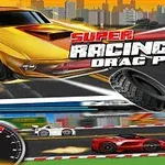 Mașini de curse rapide, vitezometru și titlu suprapus pe fundal urban vibrant
