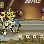 Două roboți colorați, unul galben cu negru și altul roșu cu albastru, se confruntă pe o arenă futuristă, cu litere și simboluri la bază